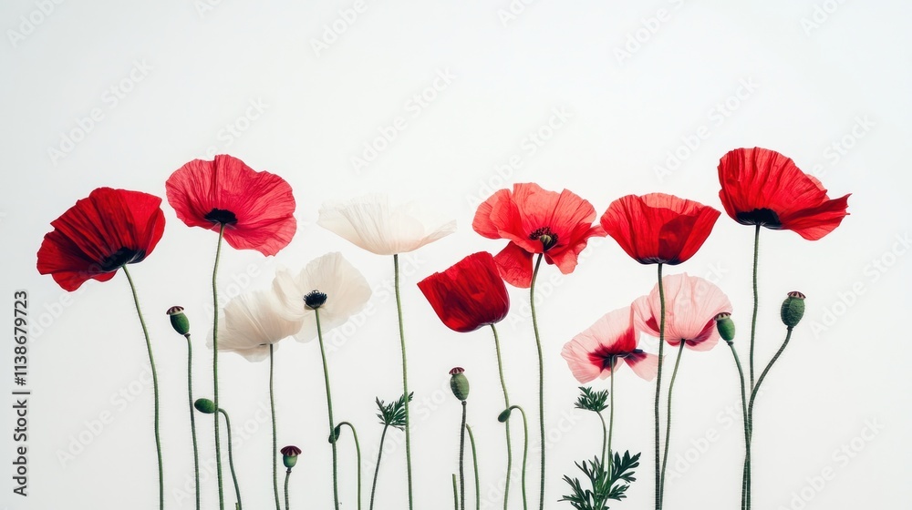 Obraz premium Poppies of red, white, and pink on a white background.