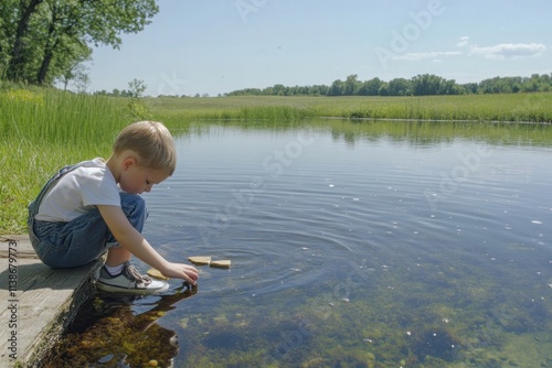 Child plays by pond with wood blocks, clear water, sunny day. photo