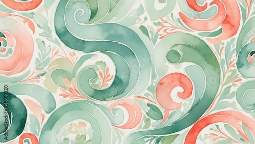Green and red spirals in watercolor style in pastel colors representing pattern