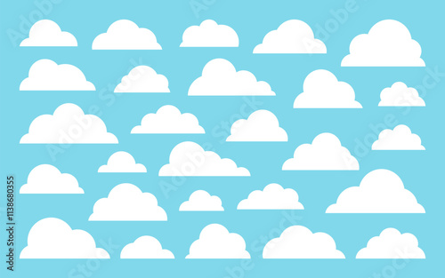 White fluffy clouds silhouettes on bright light blue sky. Cartoon puffy soft round vapor edges, float cloud various sizes minimalistic clear simple flat mist shapes, calm drift fog atmosphere