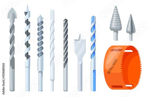 Drill bits. Steel drills sharp spiral bit for professional drilling perforate machine, construction industry tool concrete wood metal work instrument set, neat vector illustration