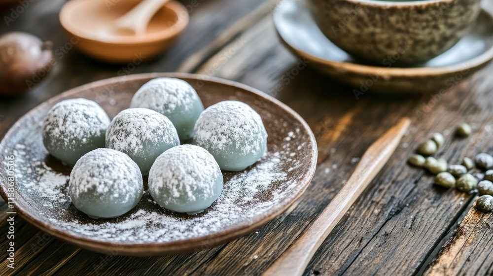 Green mochi balls dusted with powder sugar on wooden table, tea and spoon.