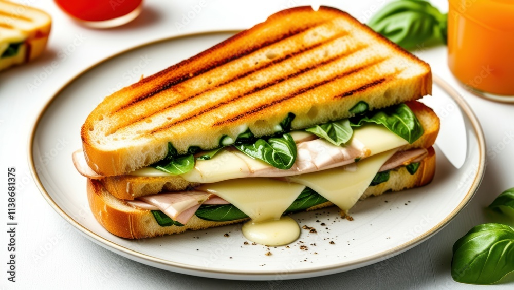 grilled sandwich, melted cheese, panini, golden brown bread, grill marks, white plate, basil leaves, food photography, high contrast, close-up, appetizing, gourmet, crispy texture, restaurant presenta grilled sandwich, melted cheese, panini, golden brown bread, grill marks, white plate, basil leaves, food photography, high contrast, close-up, appetizing, gourmet, crispy texture, restaurant presenta
