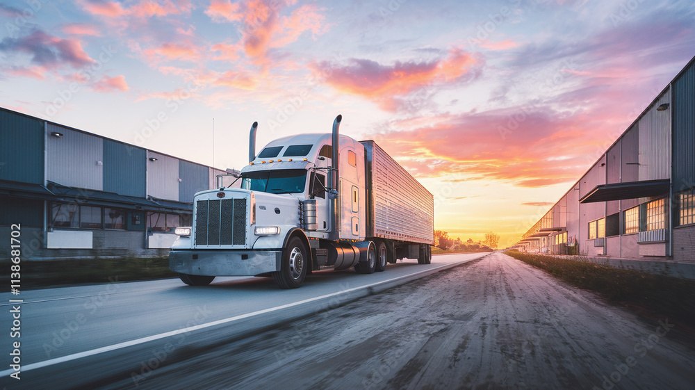 SemiTruck Driving Away at Sunset Past Warehouses SemiTruck Driving Away at Sunset Past Warehouses