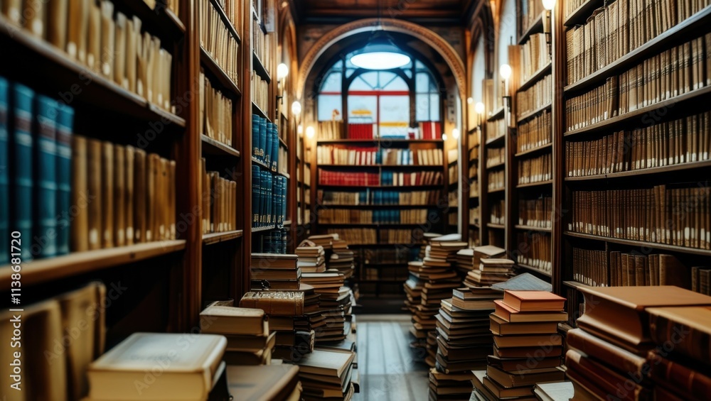Fototapeta premium old library, rows of bookshelves, wooden ladders, antique books, warm lighting, arched ceiling, cozy atmosphere, narrow aisle, leather-bound tomes, scholarly ambiance, historic archives, dusty volumes