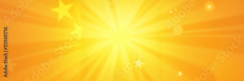 Bright yellow sunburst background with rays and stars for cheerful design concept