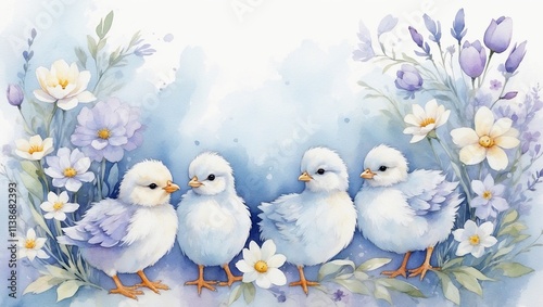 Chicks with flowers in watercolor style in blue and purple hues happily walking against nature background