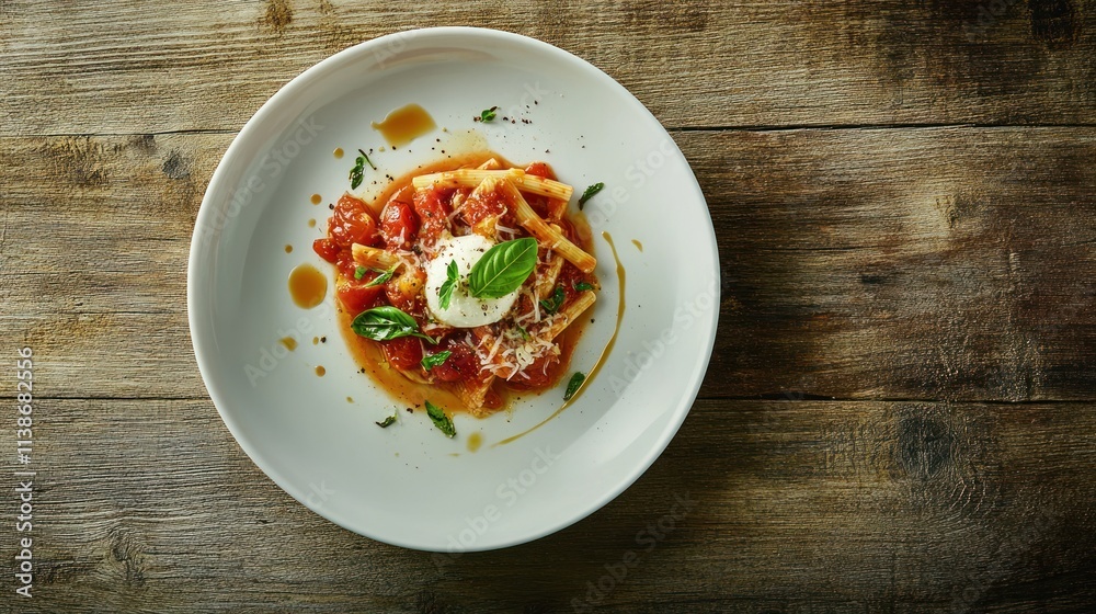 Pasta dish with tomato sauce, cheese, herbs on a white plate. Pasta dish with tomato sauce, cheese, herbs on a white plate.