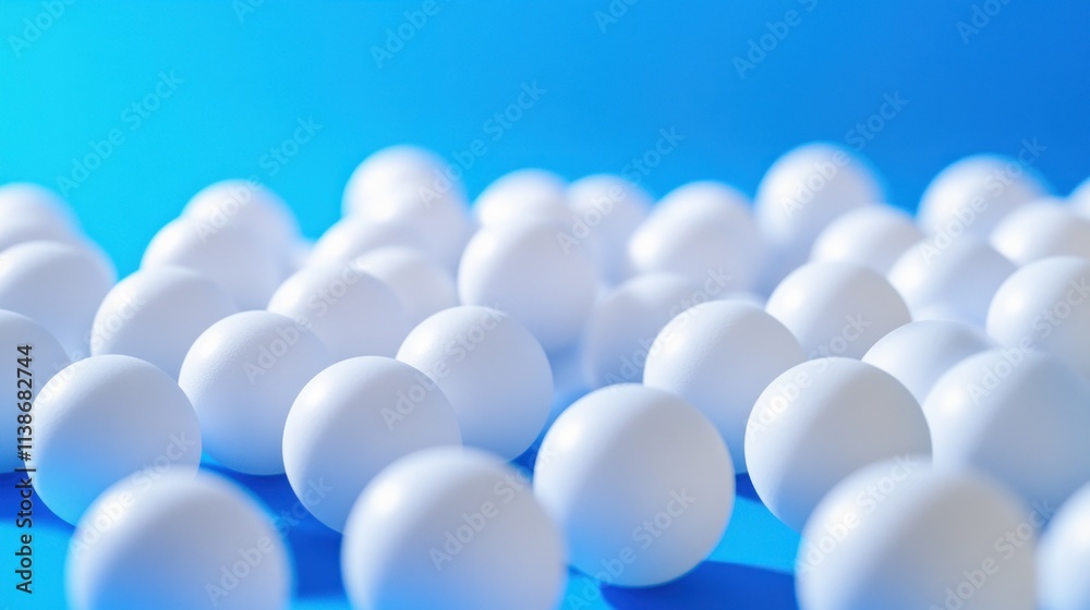 Many white spheres on blue surface. Many white spheres on blue surface.