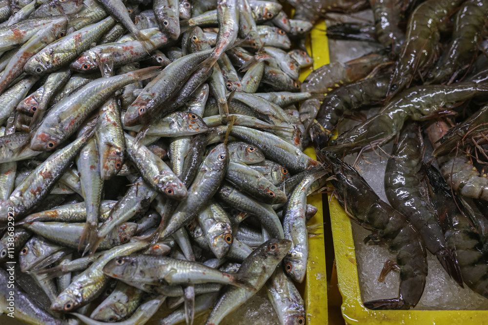 Fresh seafood selection at market stall featuring fish and shrimp for culinary inspiration Fresh seafood selection at market stall featuring fish and shrimp for culinary inspiration
