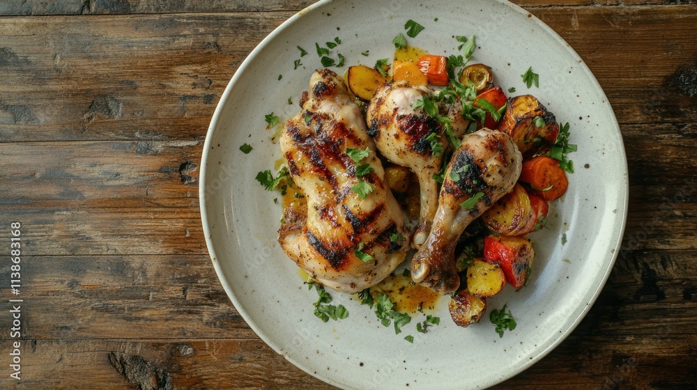 Grilled chicken pieces with vegetables on a plate, wooden background. Grilled chicken pieces with vegetables on a plate, wooden background.