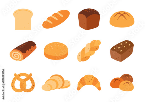 Bread flat set, organic bakery food. Rye, wheat, whole grain loaf, croissant, pretzel, farmhouse brown, white hamburger bun, whole and sliced baked goods gluten free, baked white slice, sweet roll