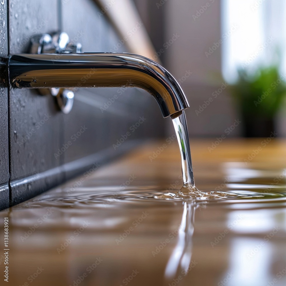 Tranquil Water Flowing from Modern Faucet in Contemporary Bathroom Setting