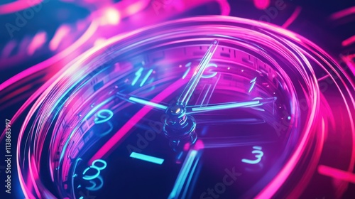 Clock face, time hands, pink and blue blur.