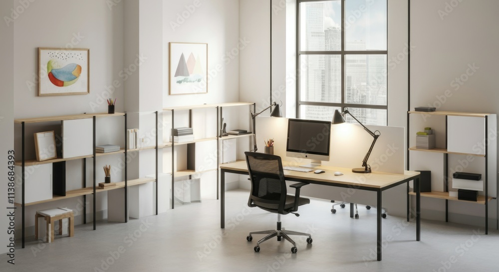 Fototapeta premium Modern minimalist home office with natural light and simple furniture