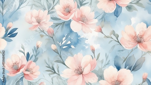 Floral pattern in watercolor style in pink and blue hues with copy space