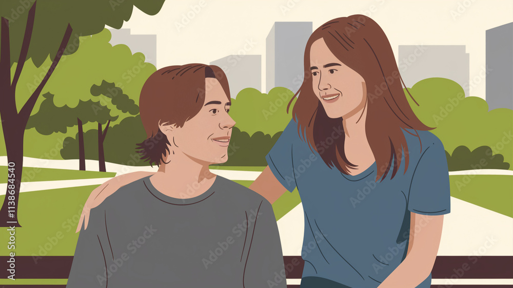 Fototapeta premium Couple Sitting on a Bench in a Park