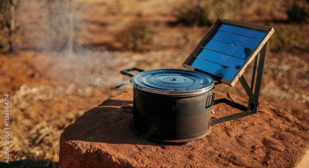Solar cooker on red earth using sustainable energy in remote landscape Solar cooker on red earth using sustainable energy in remote landscape