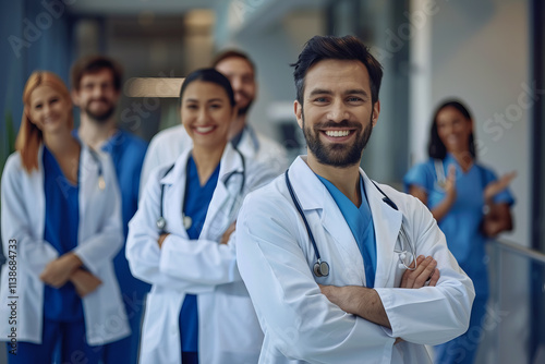 Kind hospital doctors smile, symbolizing their care for patients and the benefits of medicine, highlighting healthcare and health care.
