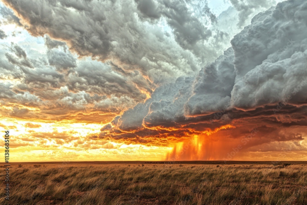 Naklejka premium Dramatic sunset thunderstorm over grassy plains with illuminated clouds