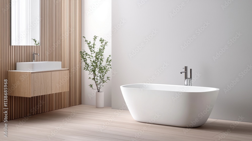 Fototapeta premium Modern Bathroom Design Featuring Elegant Freestanding Bathtub and Minimalist Aesthetics