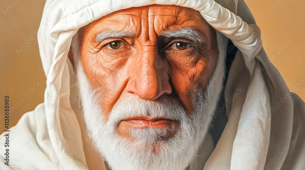 Portrait of wise elderly arab man wearing traditional clothing