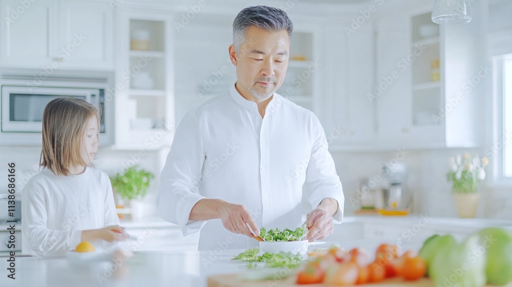 Father and Daughter Enjoy Preparing Fresh Salad in a Bright Modern Kitchen Father and Daughter Enjoy Preparing Fresh Salad in a Bright Modern Kitchen