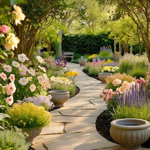 Fototapeta Naklejka Na Ścianę i Meble -  flowers in a garden and flour on the walk