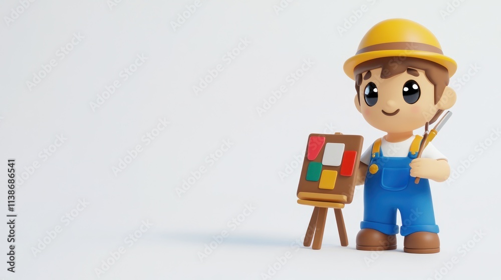 Cartoon painter holds brush and easel with blocks of colors. Cartoon painter holds brush and easel with blocks of colors.