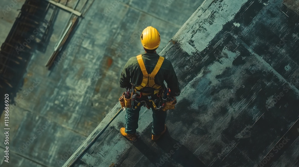 Worker in harness and helmet stands on construction site. Worker in harness and helmet stands on construction site.