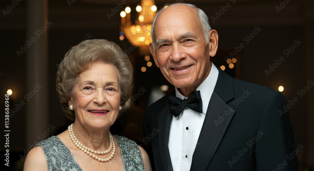 Elegant elderly couple at formal event with smiling expressions and warm ambiance Elegant elderly couple at formal event with smiling expressions and warm ambiance