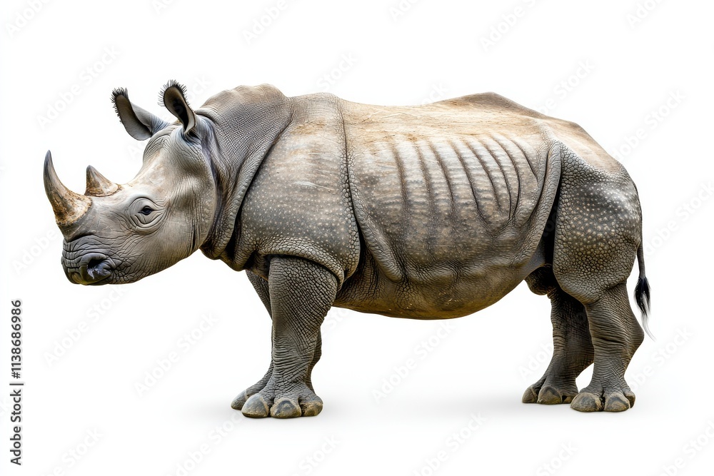 Obraz premium A majestic rhinoceros stands, isolated on a white background.