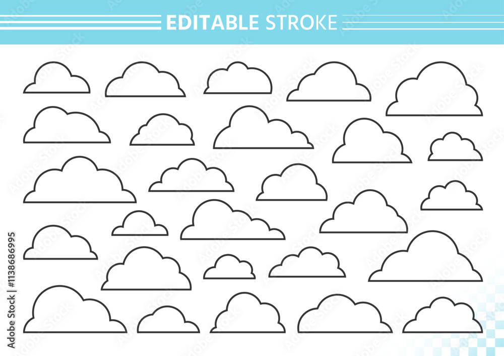 Outline clouds set drawn with black editable stroke and white fill. Cloudy shapes, simple contour rounded fluffy forms. Thin line cartoon soft cloud floating silhouettes. Clean airy smooth doodles