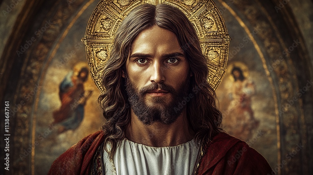 Naklejka premium Jesus Christ: A Portrait of the Divine Son with Long Hair and a Beard, Set Against an Ornate Gold Background.