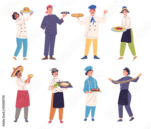 Chef country characters. Professional chief cook different cuisines, cookery japan italian mexican oriental food dishes preparation, culinary profession classy vector illustration