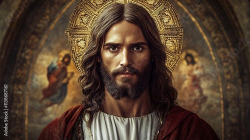 Jesus Christ: A Portrait of the Divine Son with Long Hair and a Beard, Set Against an Ornate Gold Background. photo