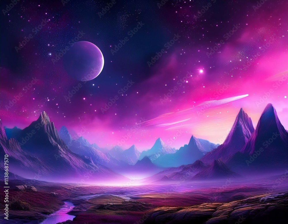 visualization of metaverse concept extraterrestrial landscape with mountains dark purple sky and stars in the background digital art illustration visualization of metaverse concept extraterrestrial landscape with mountains dark purple sky and stars in the background digital art illustration
