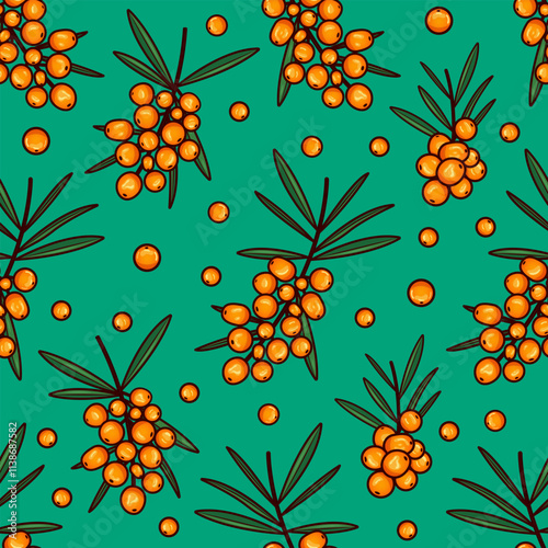 Seamless pattern with sea buckthorn branches. Vector illustration.