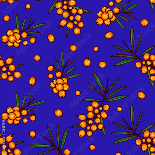 Seamless pattern with sea buckthorn berries. Vector illustration.