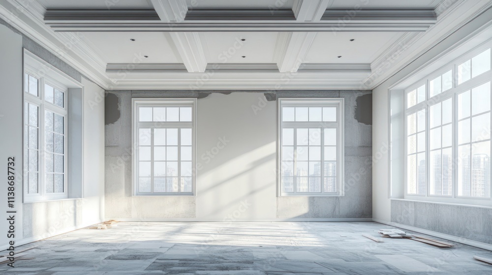 Empty white room with large windows and sun shining in. Empty white room with large windows and sun shining in.