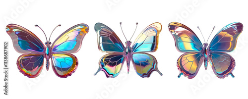 3D chrome element in Y2K style, isolated background, liquid holographic metal. Three butterflies with rainbow vibrant colors, shiny mirror surface. photo