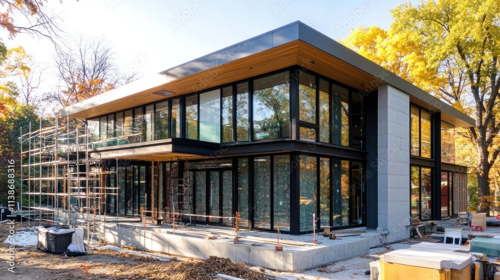 Modern house with glass windows and scaffolding. Modern house with glass windows and scaffolding.