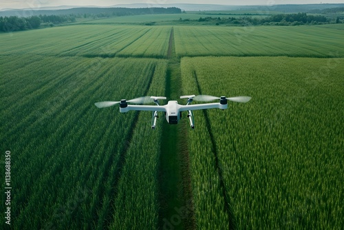 Drone flying over lush green agricultural fields. Aerial view of farmland. Modern farming technology for crop monitoring. Precision agriculture concept with copy space