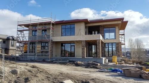 Modern home under construction with scaffolding on cloudy day.