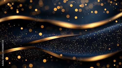 A dark background with gold glitter and sparkles, featuring gold wavy lines. photo