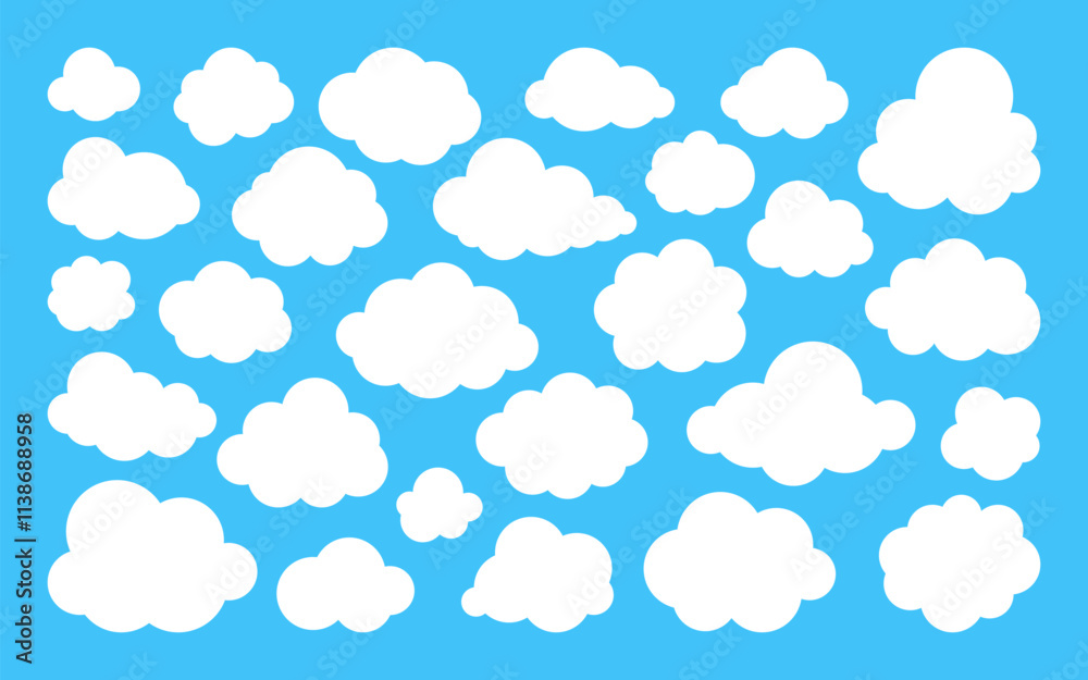 White fluffy clouds flat set. Various shapes on blue sky. Simple cartoon cloudscape, soft edges minimal design cumulus cloud elements, light natural forms, playful floating clean airy weather symbols