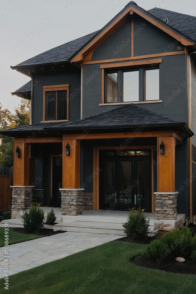 Modern two-story house featuring dark gray siding and wooden accents, with stone columns and front walkway. Modern two-story house featuring dark gray siding and wooden accents, with stone columns and front walkway.