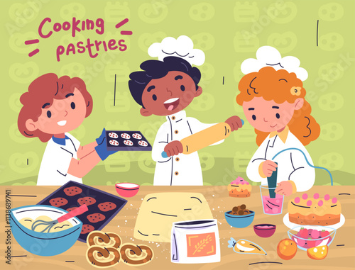 Kids cooking together. Children making baking in home kitchen interior, kid cook classes workshop little chef child teamwork cooking dish prepare food, classy vector illustration