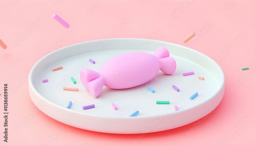 a single candy 3D render surrounded by colorful sprinkles on a white plate create with ai a single candy 3D render surrounded by colorful sprinkles on a white plate create with ai