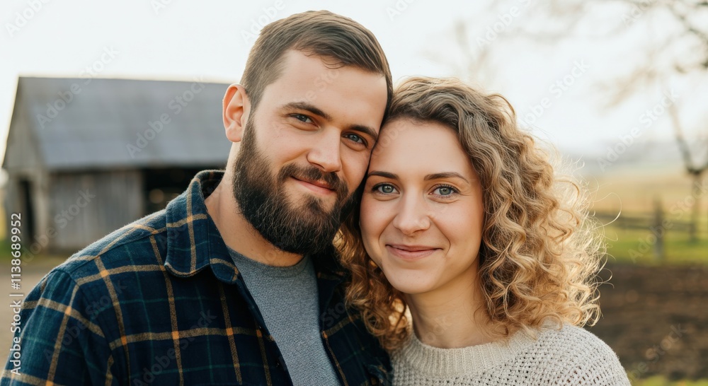 Rural lifestyle portrait of young caucasian couple in casual attire outdoors Rural lifestyle portrait of young caucasian couple in casual attire outdoors